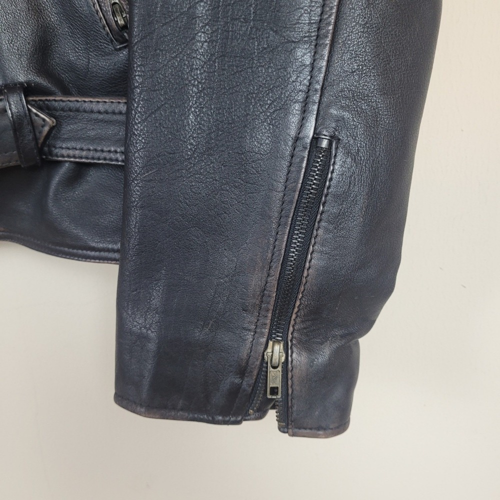 Badge Leather Jacket Mens Large Black Distressed Belted Moto Biker Asymmetrical - Picture 7 of 14